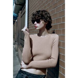 Zara Cropped Soft-Touch Ribbed Sweater Dark Beige Size M